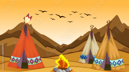 Scene with teepee and campfire