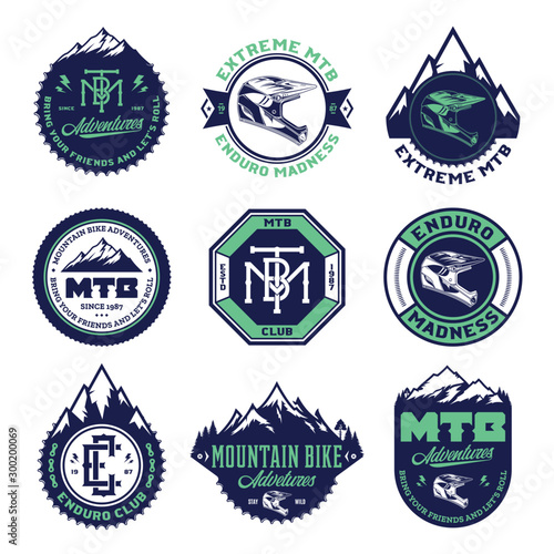 Vector mountain biking adventures, parks, clubs logo, badges and icons. Enduro, downhill, cross country biking illustration