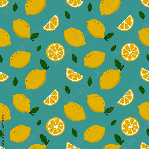 lemon slices seamless pattern on blue background. fruit citrus. elements for menu. Vector illustration.