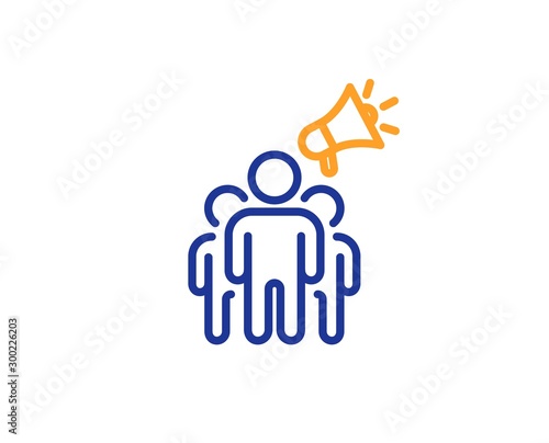 Holding megaphone sign. Brand ambassador line icon. Advertisement device symbol. Colorful outline concept. Blue and orange thin line brand ambassador icon. Vector