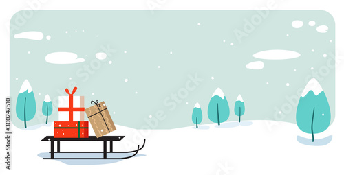 santa claus sleigh with present box merry christmas happy new year holiday celebration concept greeting card winter snowy landscape background horizontal vector illustration