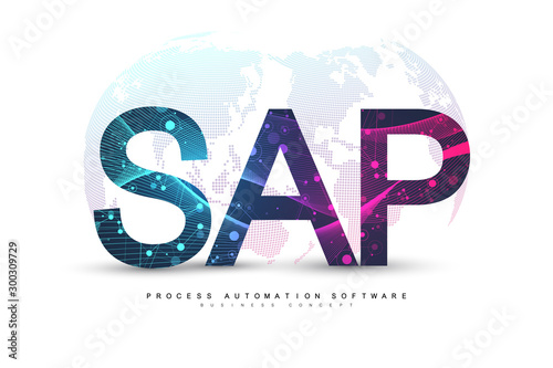 SAP Business process automation software. ERP enterprise resources planning system concept banner template. Technology future sci-fi concept SAP. Artificial intelligence. Vector illustration