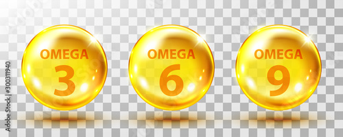 Vector realistic omega acids. Healthy food supplements fatty acid epa dha 3, 6 and 9 organic vitamin nutrient fish oil.