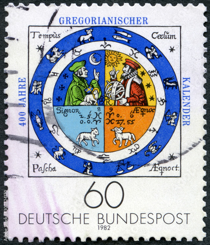 GERMANY - 1982: shows Calendar illumination, by Johannes Rasch, 1586, 400th Anniversary of the Gregorian Calendar, 1982