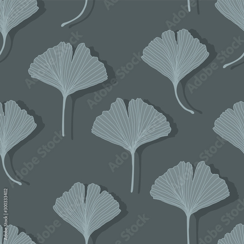 Floral decorative seamless pattern with white and grey ginkgo biloba leaves on dark background. Endless texture can be used for wallpaper, pattern fills, textile, web page background, textures. Vector
