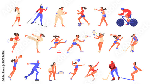 Set of isolated vector illustration of woman doing sport.