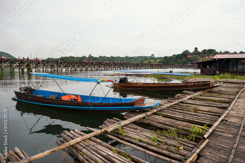 tourist boats near Mon wooden bridge, Sangkhlaburi