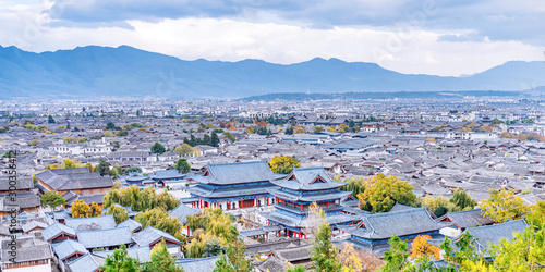 High-angle scenery of Dayan Ancient City and Mufu, Lijiang, Yunnan, China