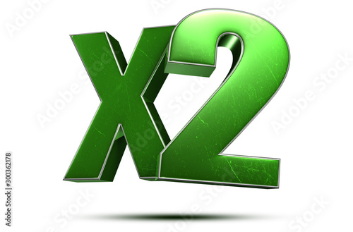 x2 3d green on white background.(with Clipping Path).