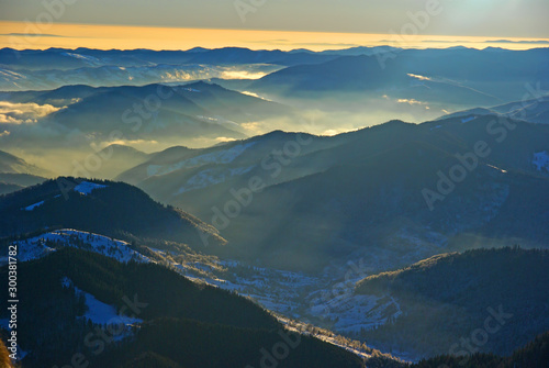 Misty mountain landscape from the top
