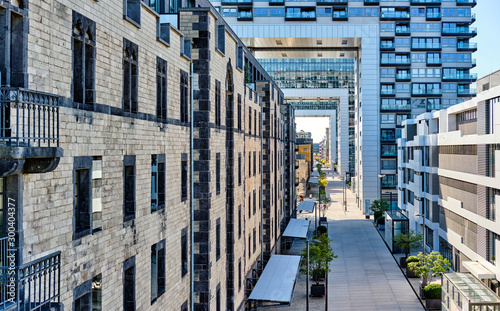 Cologne cityscape. Kranhaus building complex with crane house on riverside of Rhein in Cologne, Germany.