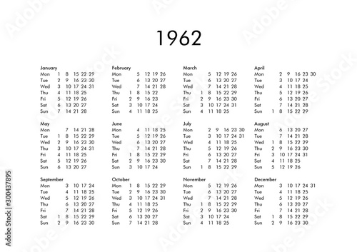 Calendar of year 1962