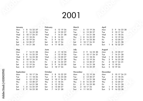 Calendar of year 2001