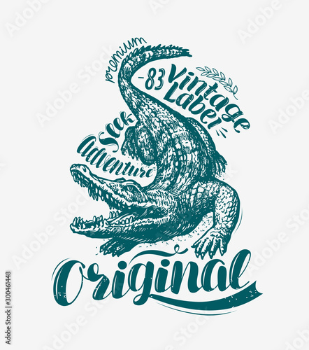 Crocodile t-shirt design. Alligator drawn vintage vector illustration
