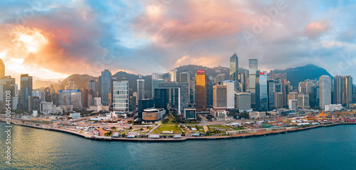 Panoramic view of Hong Kong Island in sunrise