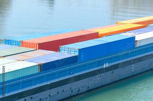Close up on freight containers on a ship or barge