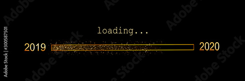 2020 loading, gold glitter progress bar on black background, new year panoramic holiday web banner or greeting card