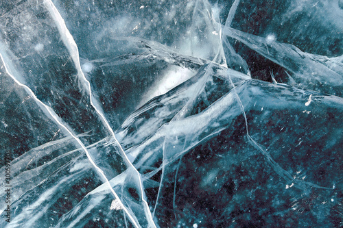 Cacks in thick solid layer of ice of a frozen lake Baikal