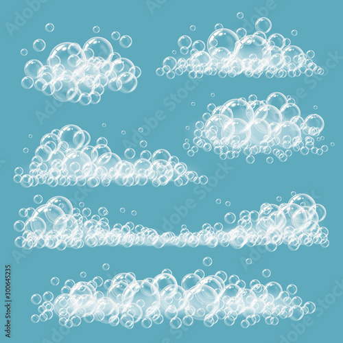 Foaming bubbles. Soapy transparent circles and balls white realistic vector foam templates. Foam water, detergent shampoo ball, bubble fresh clean illustration