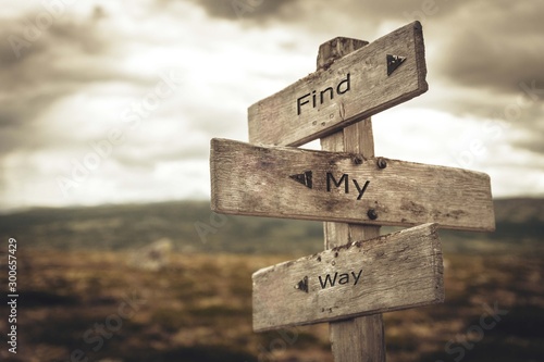 Find my way signpost. Nature, adventure, message, text, quote concept.