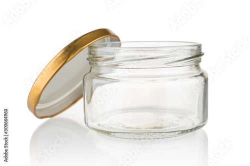 Empty glass jar isolated on white background