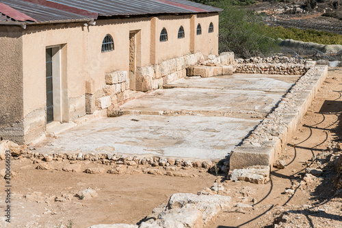 The remains of the mosaic floor in the archaeological site Ancient Shiloh in Samaria region in Benjamin district, Israel