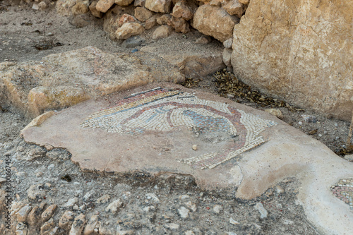 The remains of the mosaic floor in the archaeological site Ancient Shiloh in Samaria region in Benjamin district, Israel