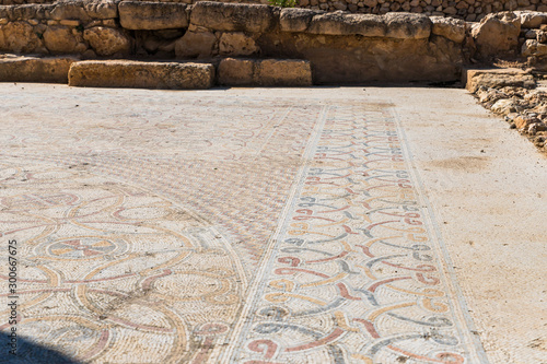 The remains of the mosaic floor in the archaeological site Ancient Shiloh in Samaria region in Benjamin district, Israel