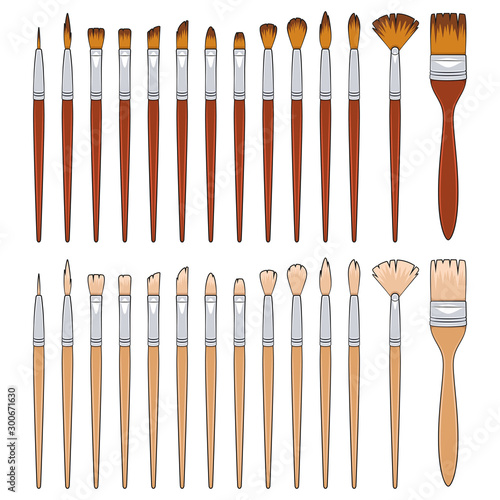 Set of color illustrations with brushes for painting. Isolated vector objects on a white background.