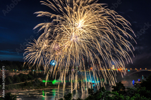 Fireworks on Niagara falls on a summer night