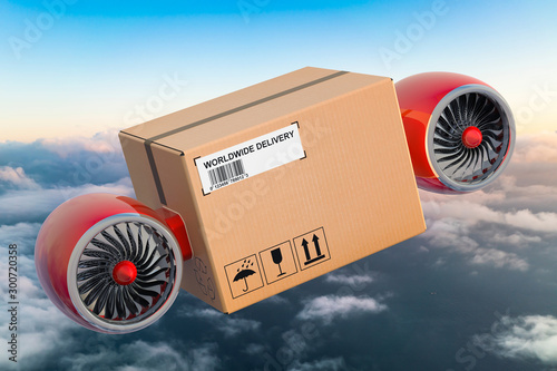 Parcel with jet engines flying in the sky. Fast Delivery concept, 3D rendering