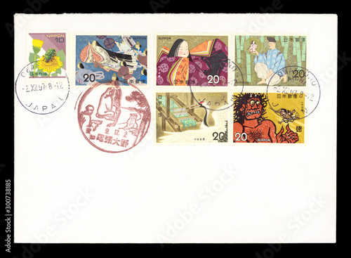 Luftpost airmail Japan Nippon gestempelt Briefmarken Märchen Oni Geschichten Kaguya Hime Prinzessin Kimono vintage retro Kranich Tsuru Bambus Däumeling