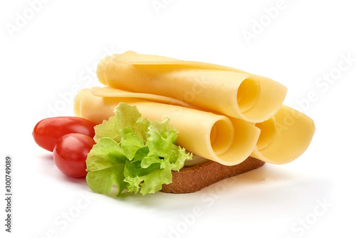 Hard Dutch gouda cheese slices, isolated on white background