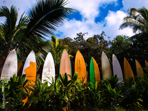 row of surfboards stacked as a fence in Maui, Hawaii