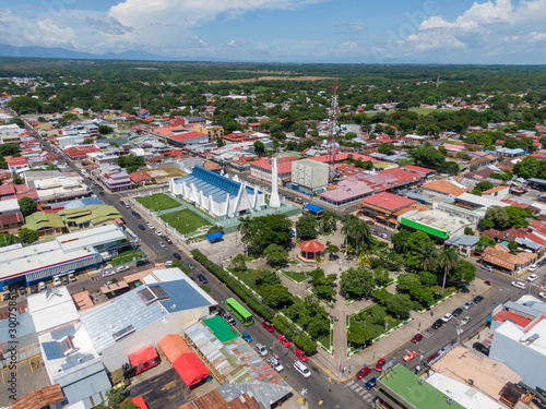 Beautiful aerial view of Liberias church and park in Costa Rica