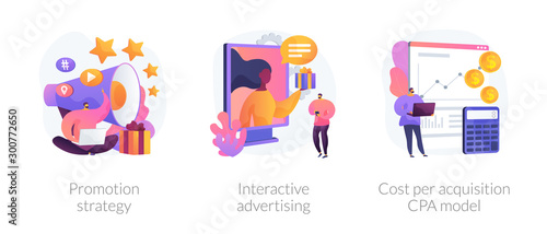 Marketing campaign planning, targeted ad, expenses analysis. Promotion strategy, interactive advertising, cost per acquisition CPA model metaphors. Vector isolated concept metaphor illustrations