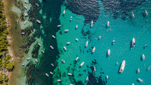 Overhead aerial drone view of yachts in mediterranean sea in summer sunny day near Nice, cote d'azur, south France