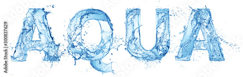 word aqua made of water splash letters isolated on white background