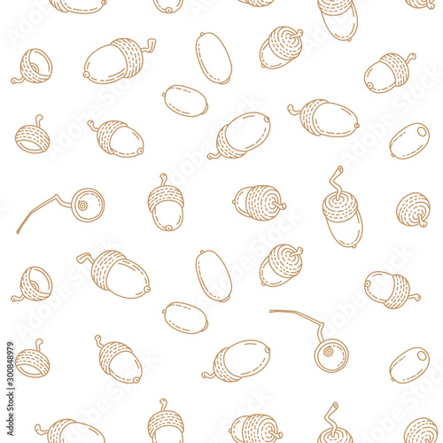 Vector seamless pattern, border with autumn oak acorns. Pattern in line art style.