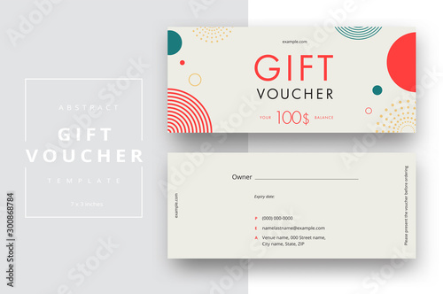 Abstract gift voucher card template. Modern discount coupon or certificate layout with geometric shape pattern. Vector fashion bright background design with information sample text.