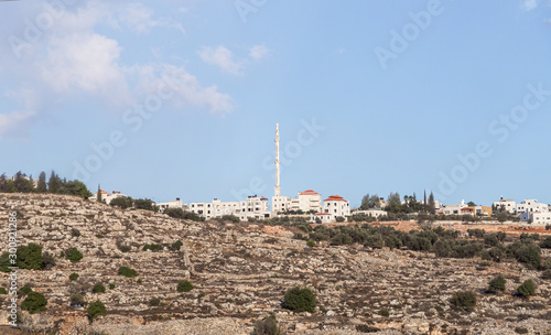 View from the highway number 5 high mosque with in Palestinian village Silwad located on a hill in Samaria region in Benjamin district, Israel