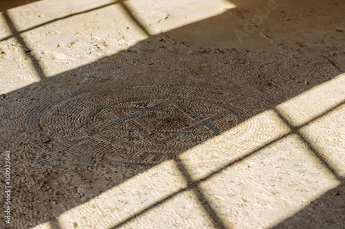 Mosaic Six-pointed Star of David on the floor of the reconstructed building of the Byzantine era in the archaeological site Ancient Shiloh in Samaria region in Benjamin district, Israel