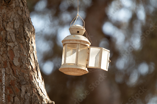Decorative candlestick hanging on a tree in a public park in the archaeological site Tel Shilo in Samaria region in Benjamin district, Israel