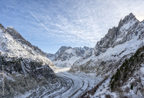 View of massive mer de glace, glacier near Chamonix in French Alps