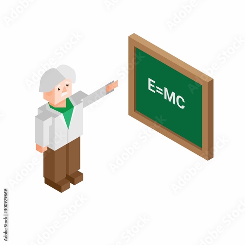 Albert Einstein figure with chalkboard in isometric illustration editable vector