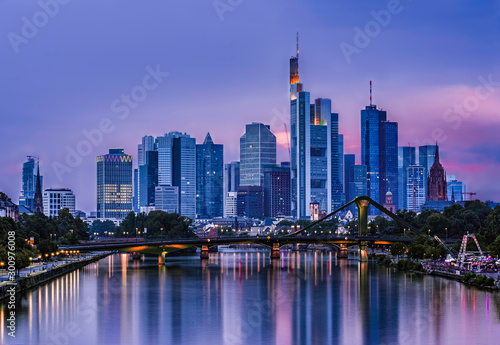 Frankfurt city skyline shot during the blue hour