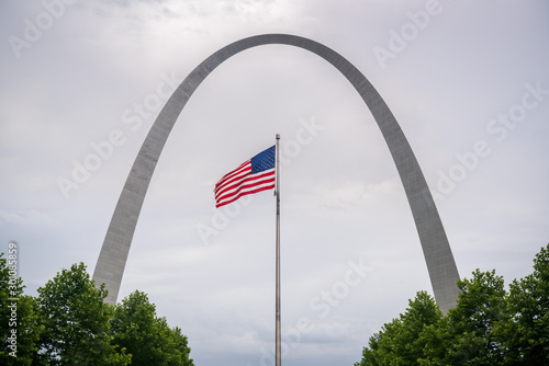 American Flag and Gateway Arch National Park