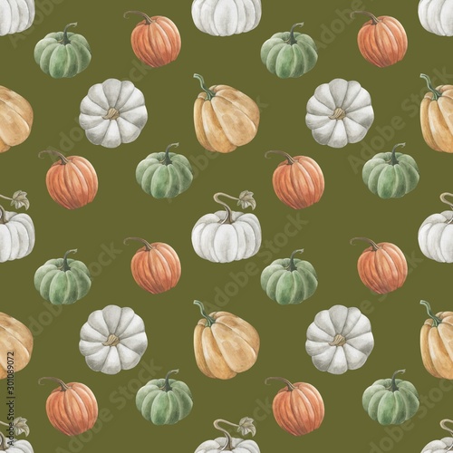 beautiful seamless background with pumpkins and autumn leaves and berries of rose hips and viburnum. Halloween. Can be used as background template for Wallpaper, fabric printing, packaging, etc.