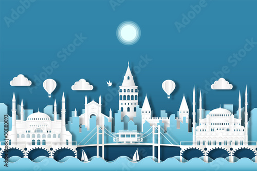 Travel turkey architecture of istanbul landmark in turkey cityscape and the river with panoramic views , origami style paper for travel postcards, Vector illustration.