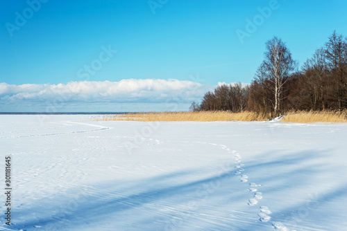 winter landscape of snow-covered lake and sky with clouds